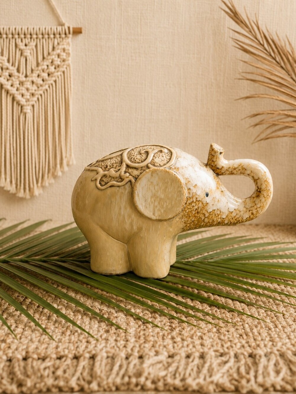 Large Vintage Ceramic Elephant Statue Neutral Boho Shelf Decor